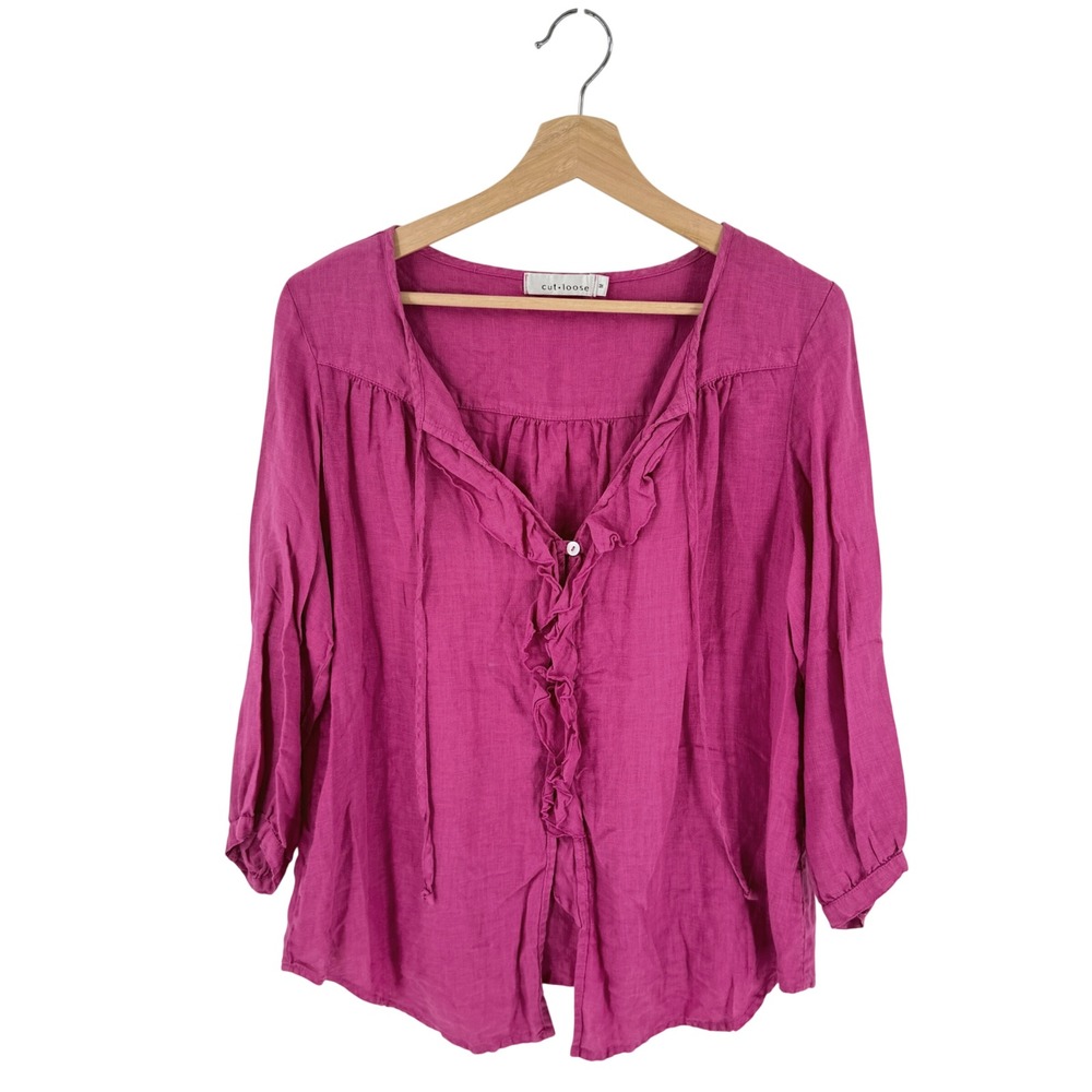 Cut Loose Ruffle Fuschia Blouse Medium Linen Lagenlook Boho Made in USA